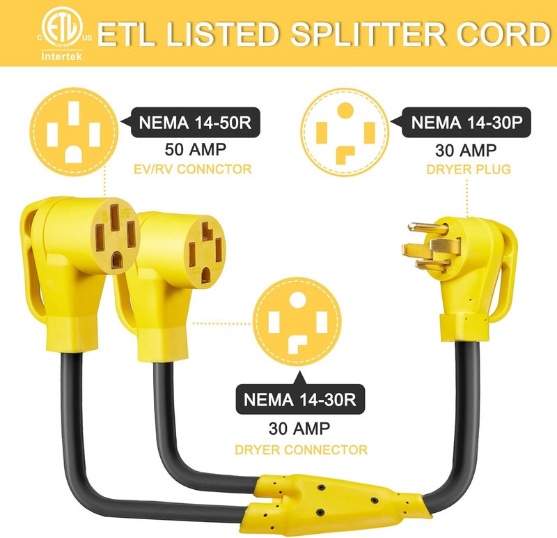 Suplevel 30 Amp Dryer Y Splitter to RV/EV, NEMA 14-30P to 14-50R/14-30R Splitter Power Adapter Cord, Dryer 4-Prong 30 AMP Y Adapter Cable for EV Charging at Dryer Outlet, STW 10 AWG, 3 FT, ETL Listed - Image 4